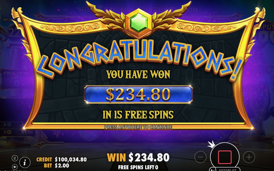 Win screen with the total of a tumble sequence